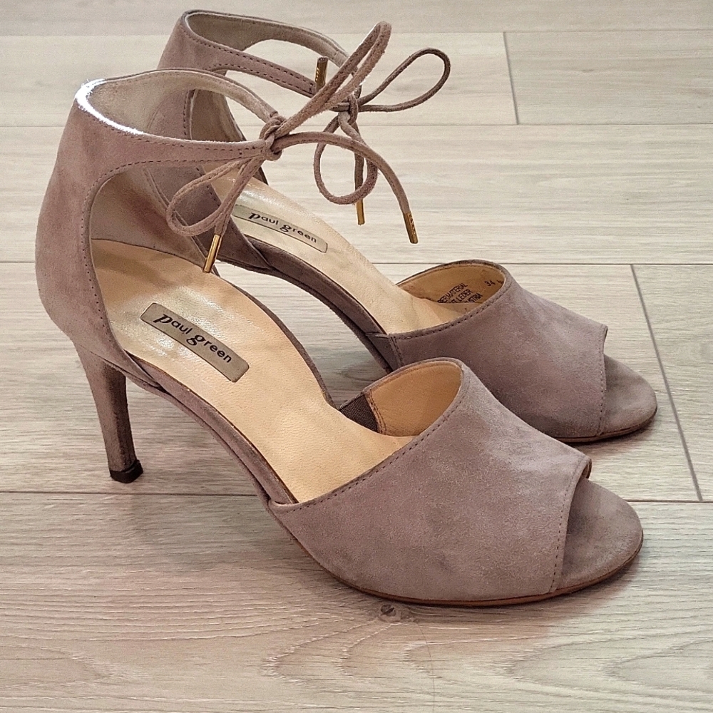 Paul Green Taupe Suede Open-Toe Lace-Up Heels